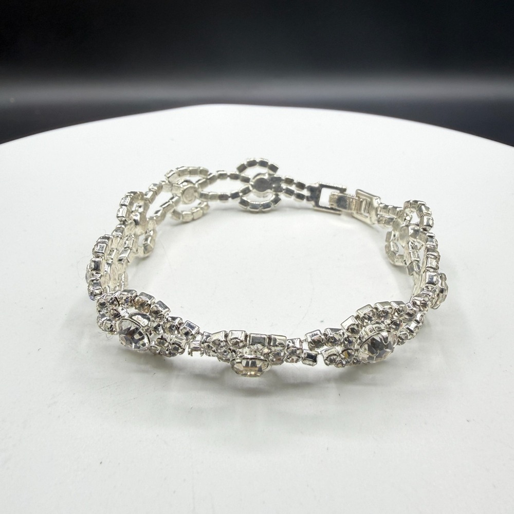 Clear Rhinestone Silver Tone Floral Link Bracelet Bridal Statement Jewelry Gift